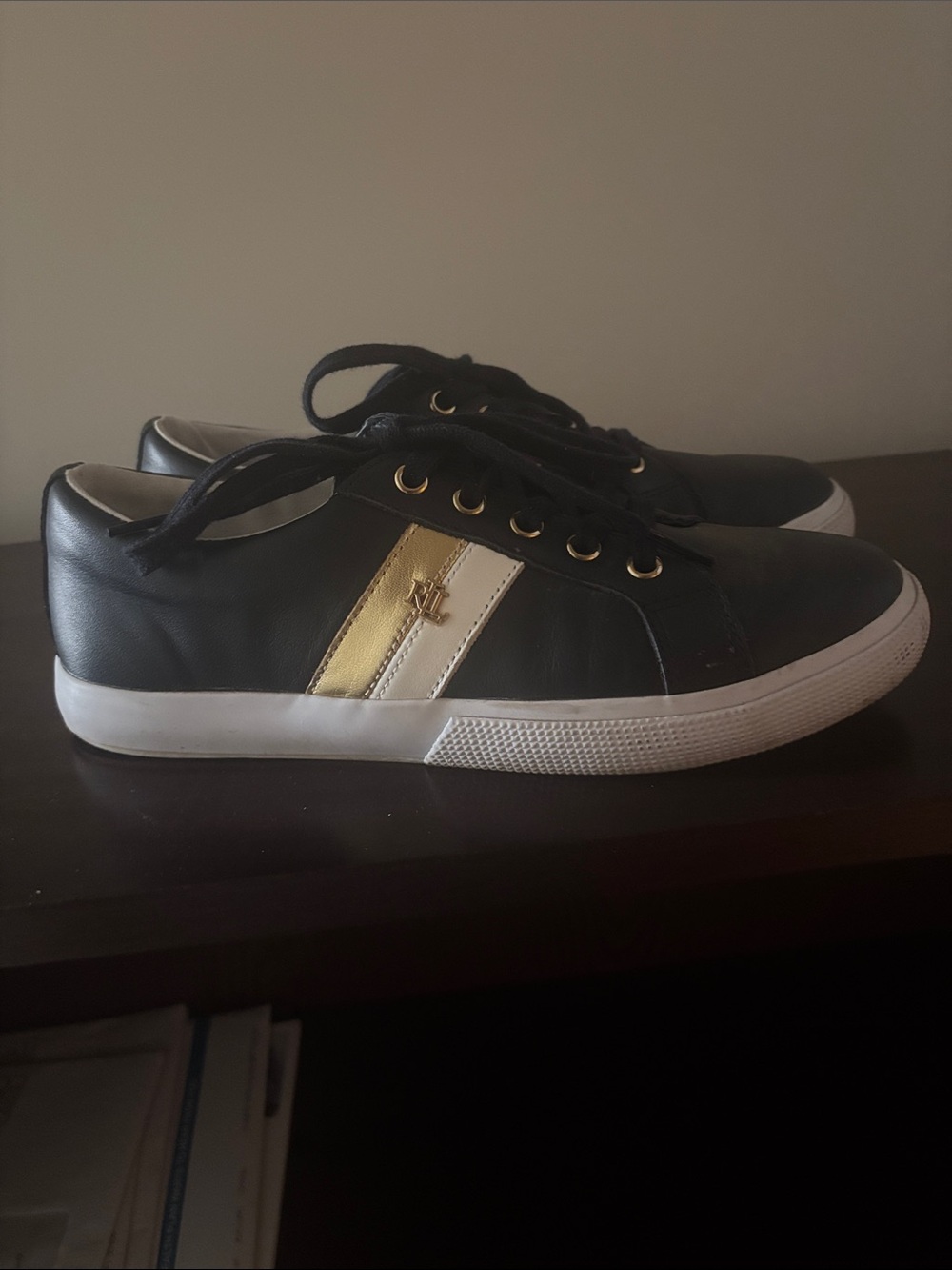 Ralph Lauren Navy and white Low-Top Sneakers with Gold Accent - Picture 3 of 3